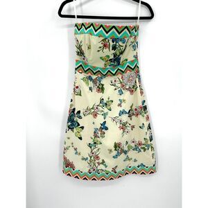 TIBI Cream Green Pink Strapless Butterfly Print Chevron A-Line Mini Dress Size 4